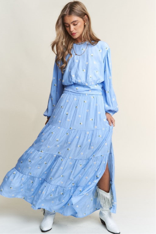 Flowy Floral Embroidered Maxie Skirt with Long Sleeve Crop Top.