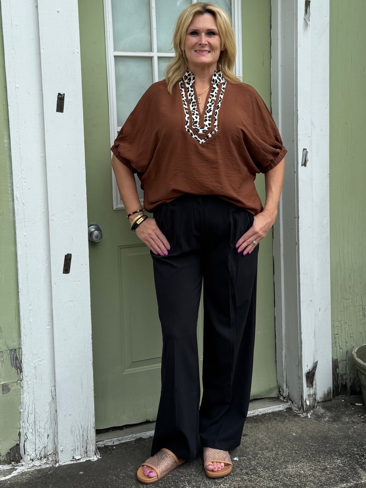 Animal Print Collared Brown Top