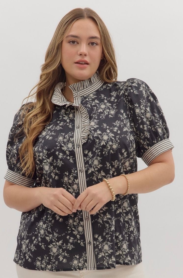 Black floral/striped button up