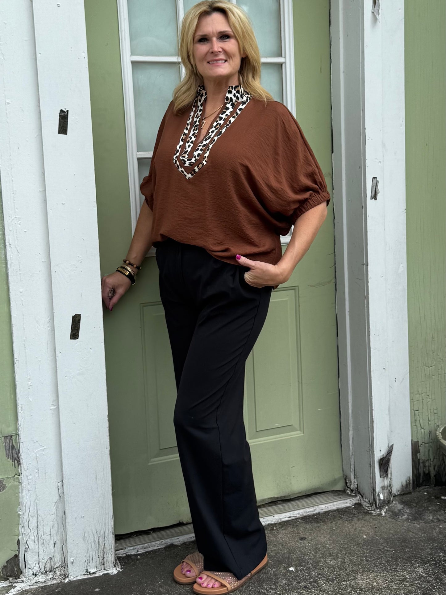 Animal Print Collared Brown Top