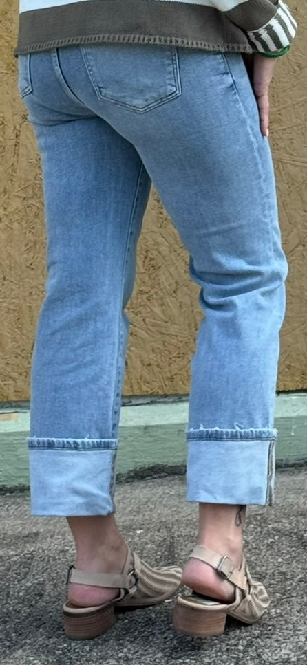 Risen High Rise Ankle Straight Wide Cuffed Jeans