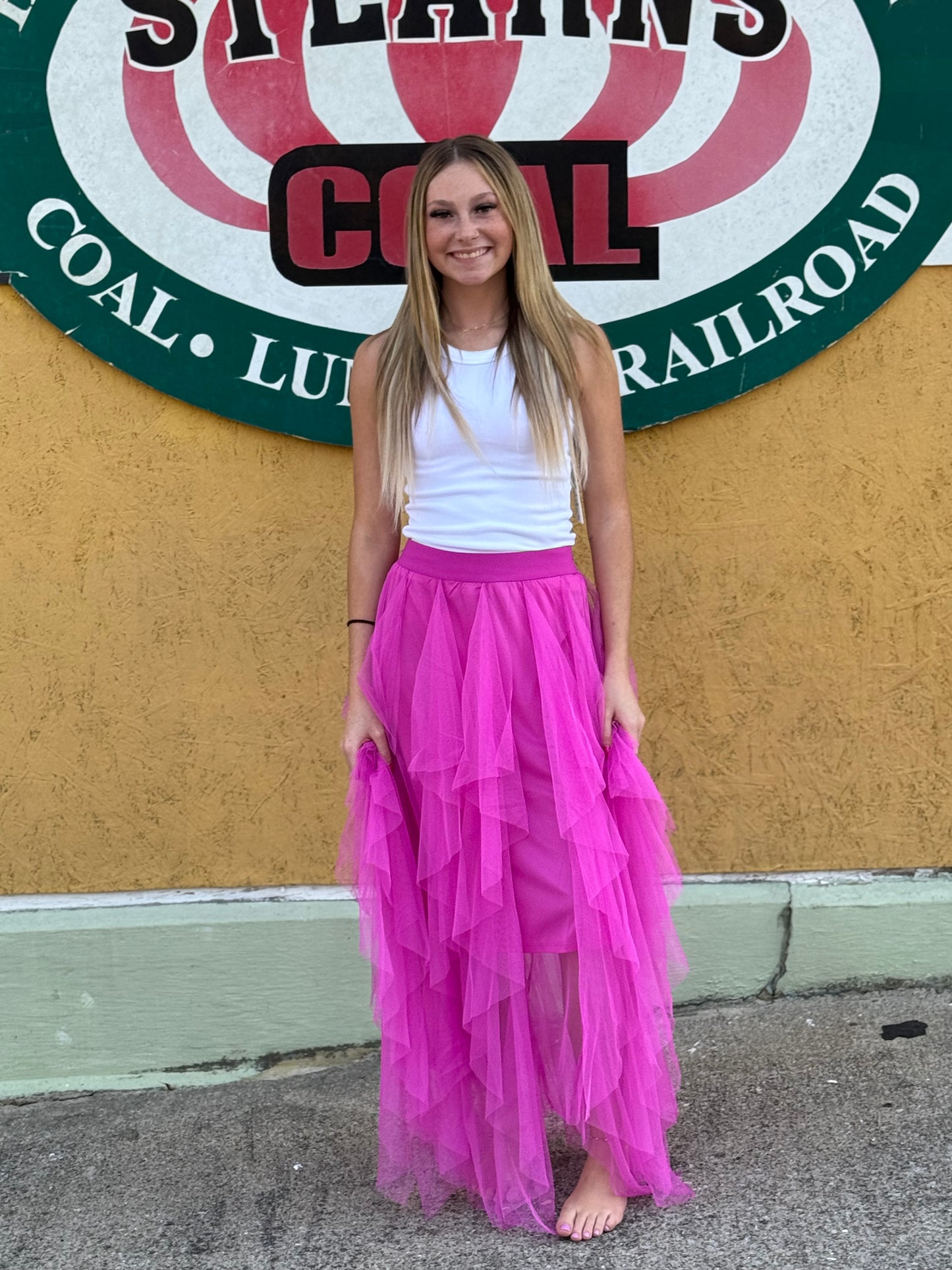 Magenta Allover Mesh Midi Skirt