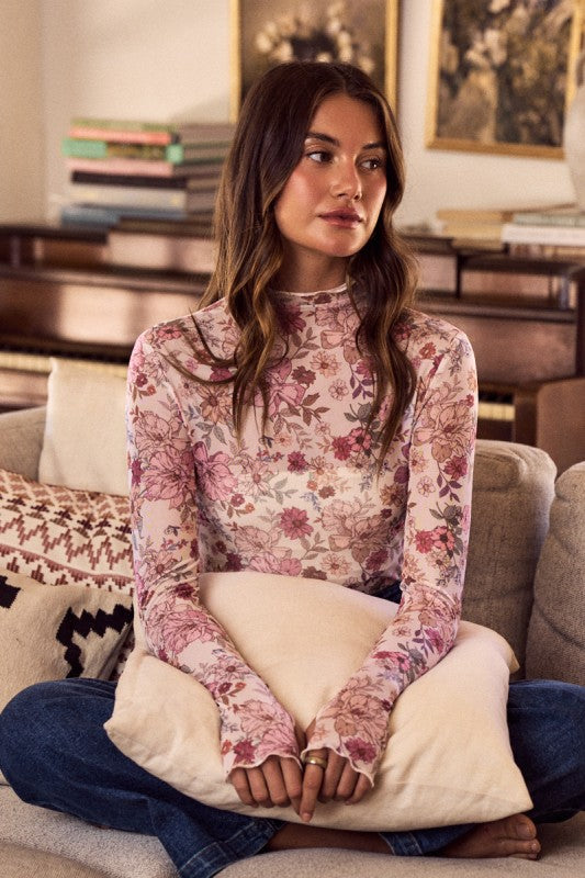 Floral Print Mesh Knit Long Sleeve Top