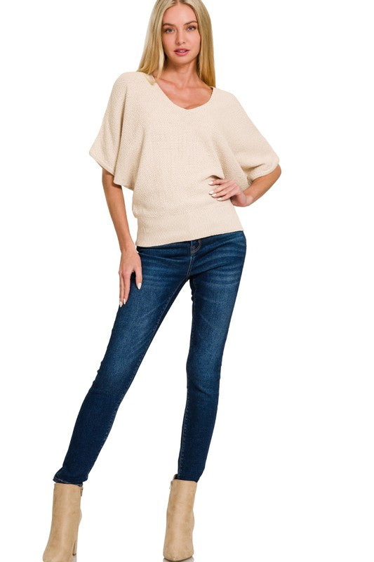 V-Neck Short Sleeve Dolman Sweater