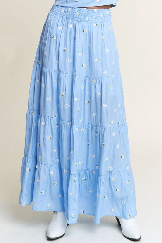 Flowy Floral Embroidered Maxie Skirt with Long Sleeve Crop Top.