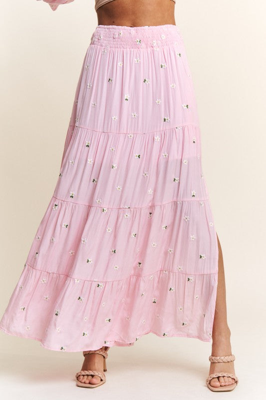 Flowy Floral Embroidered Maxie Skirt with Long Sleeve Crop Top.
