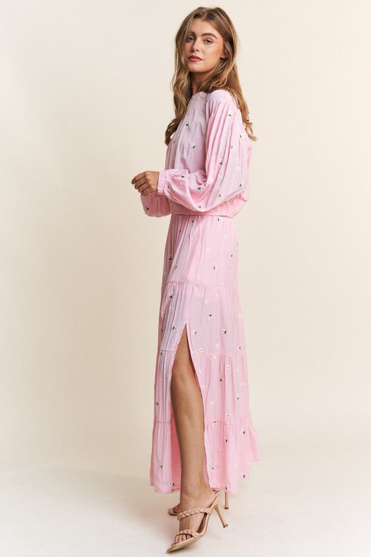 Flowy Floral Embroidered Maxie Skirt with Long Sleeve Crop Top.