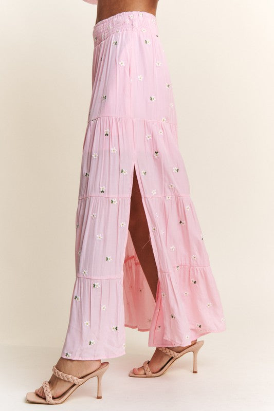 Flowy Floral Embroidered Maxie Skirt with Long Sleeve Crop Top.