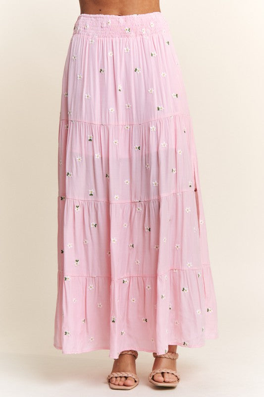 Flowy Floral Embroidered Maxie Skirt with Long Sleeve Crop Top.