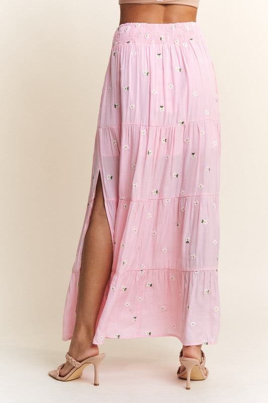 Flowy Floral Embroidered Maxie Skirt with Long Sleeve Crop Top.