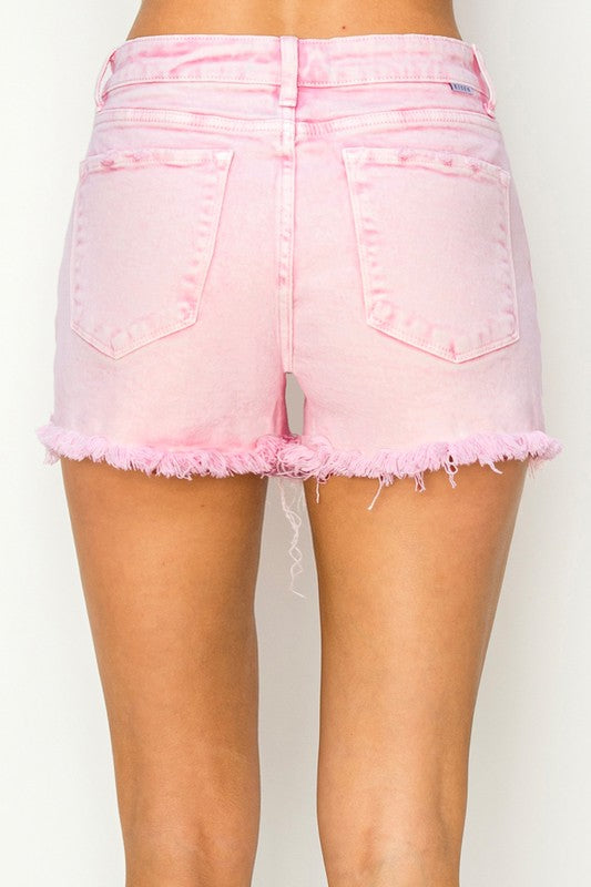 Risen Pink Acid Washed Mid Rise Frayed Hem Shorts