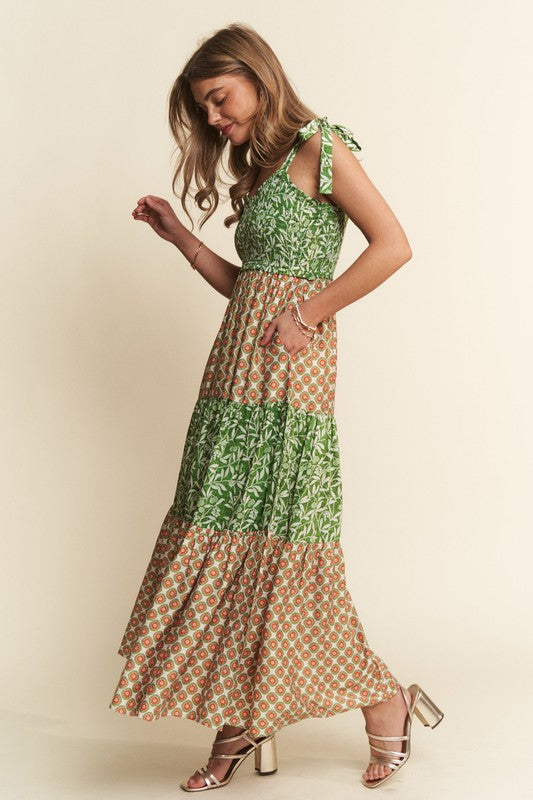 Multi Print Patchwork Smocked Tiered Dress