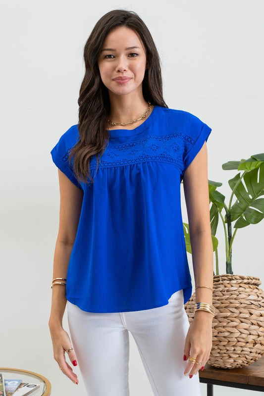 Floral Eyelet Lace Trim Back Button Top