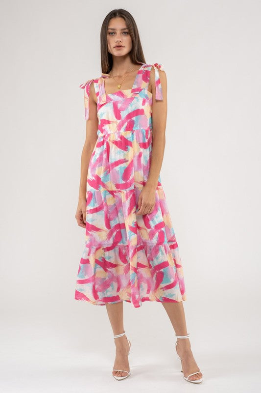 Brush Stroke Print Tiered Midi Dress