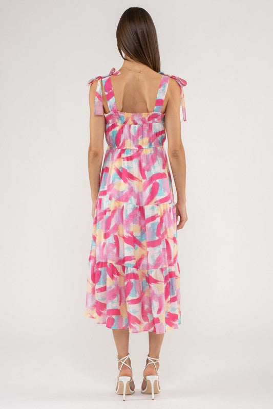 Brush Stroke Print Tiered Midi Dress