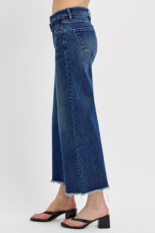 Risen High Rise Crop Wide Leg Jeans with Attached Belt