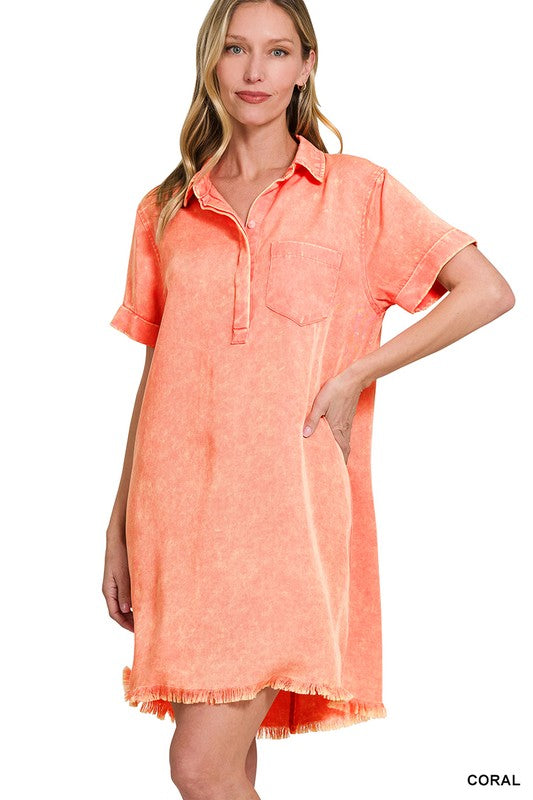 Mineral Washed Collared Shirt Dress