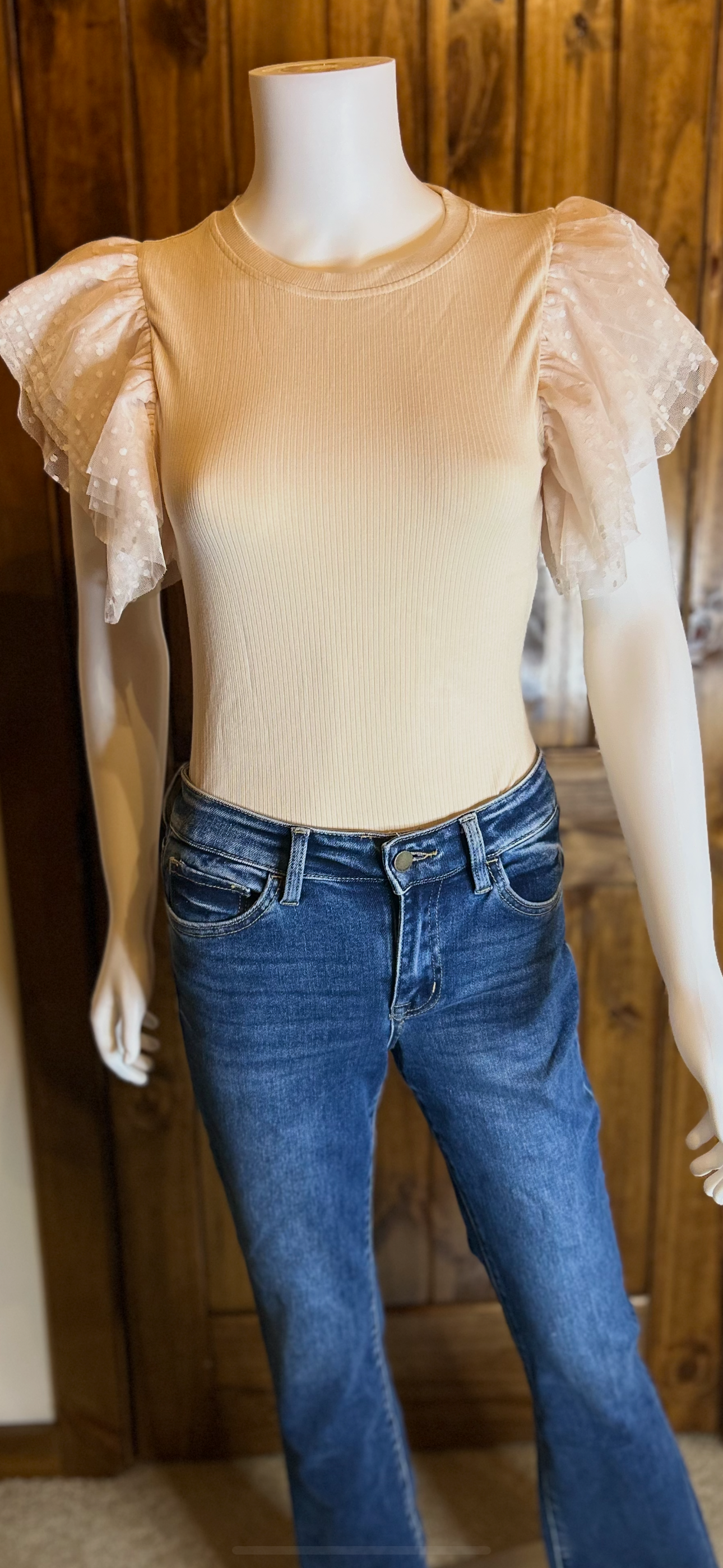 Mesh ruffle short sleeve ribbed top