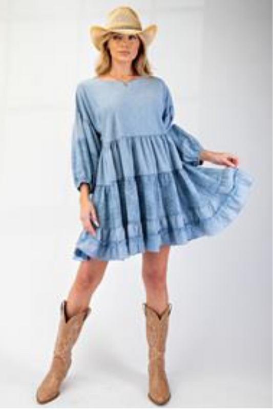 Tiered Ruffle Bottom Washed Chambray Dress