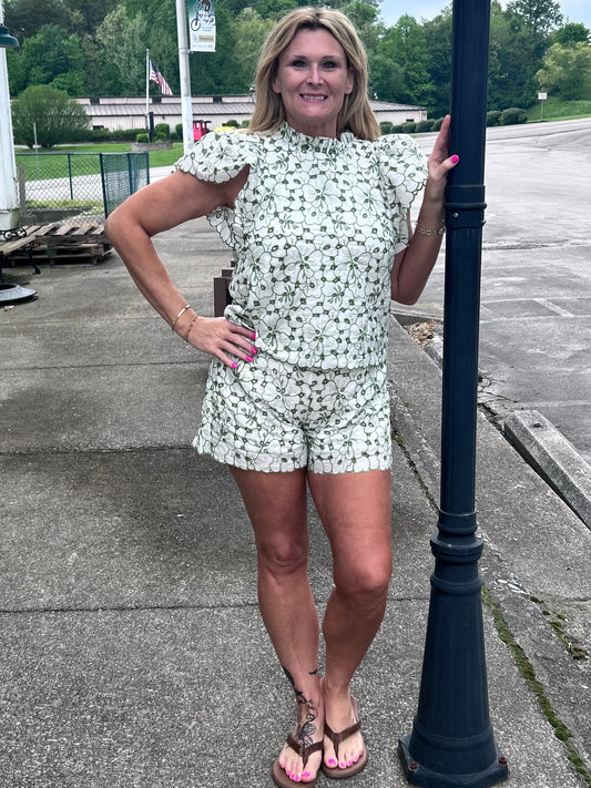 Green & White Floral Eyelet 2-Pc. Short Set