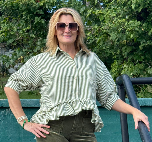 Olive Striped Ruffled Top
