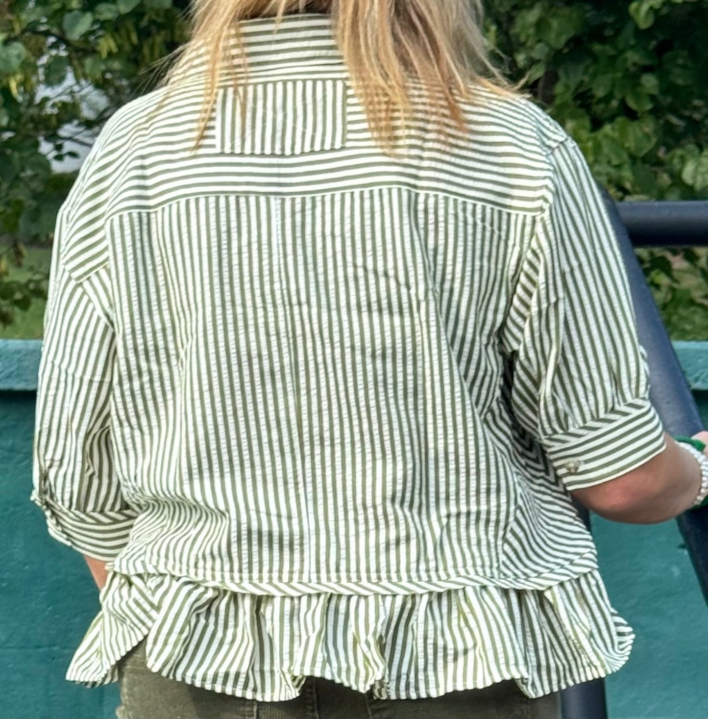 Olive Striped Ruffled Top