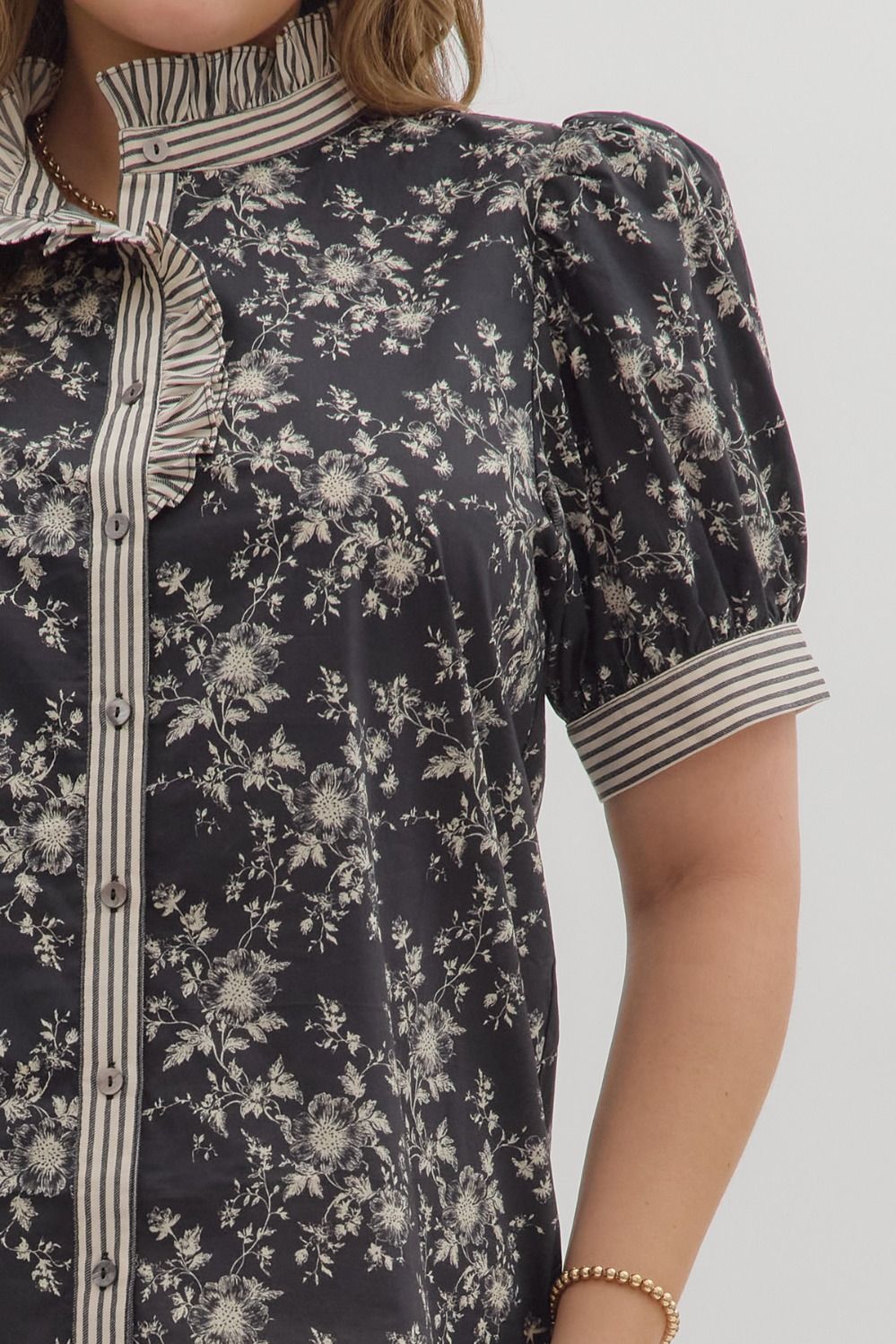 Black floral/striped button up