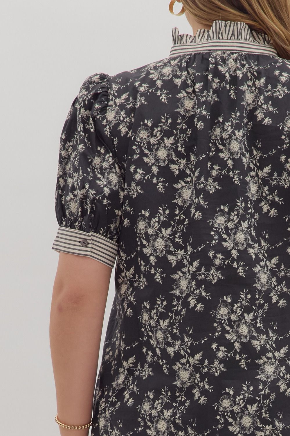 Black floral/striped button up