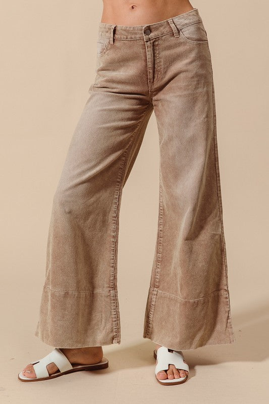 Wide Leg Flared Washed Corduroy Denim Pants (Taupe)