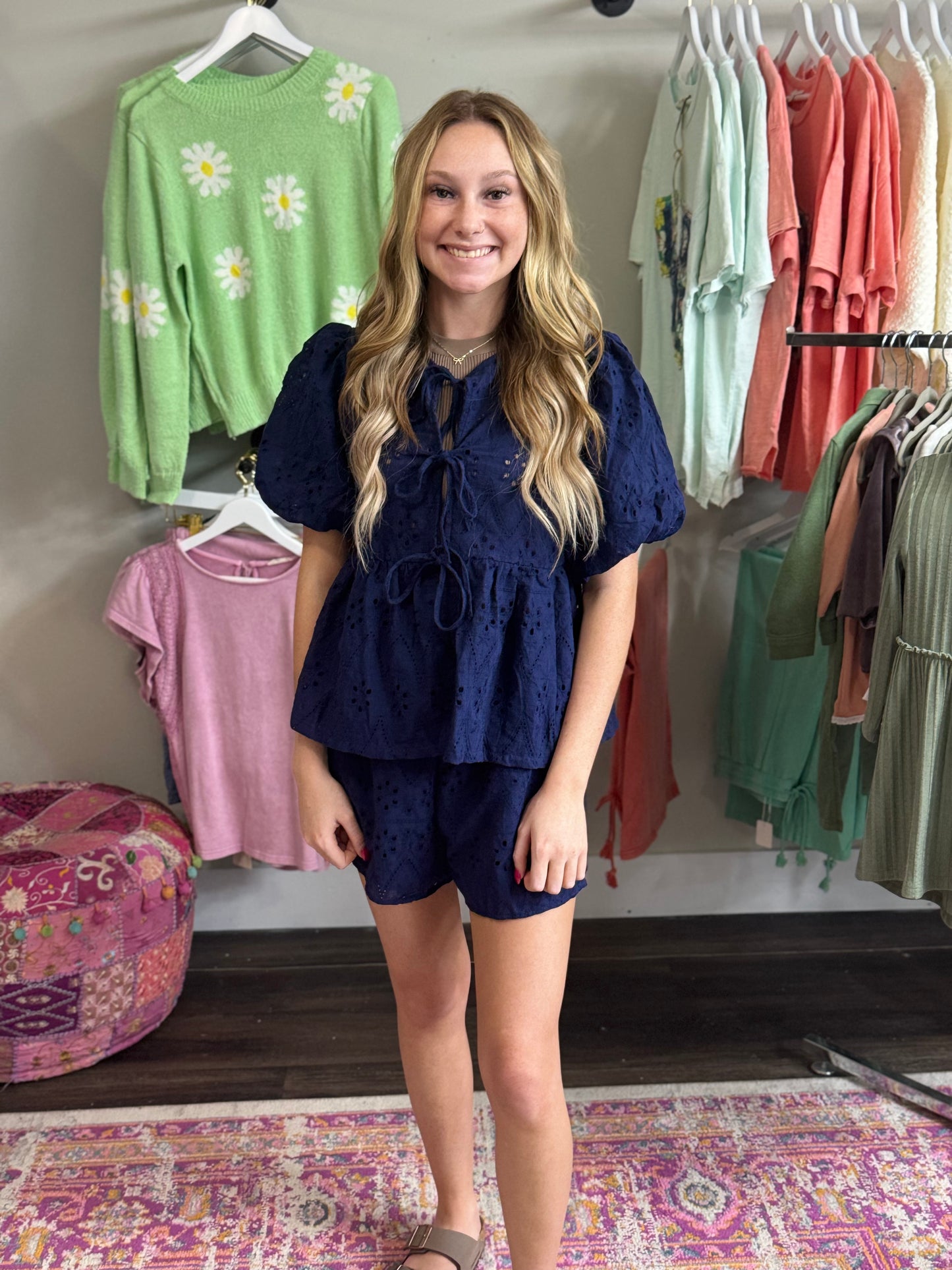 Navy 2-pc Short Set w/Waisted Elastic Shorts and Puff Sleeve Bow Front Eyelet Tie Top.
