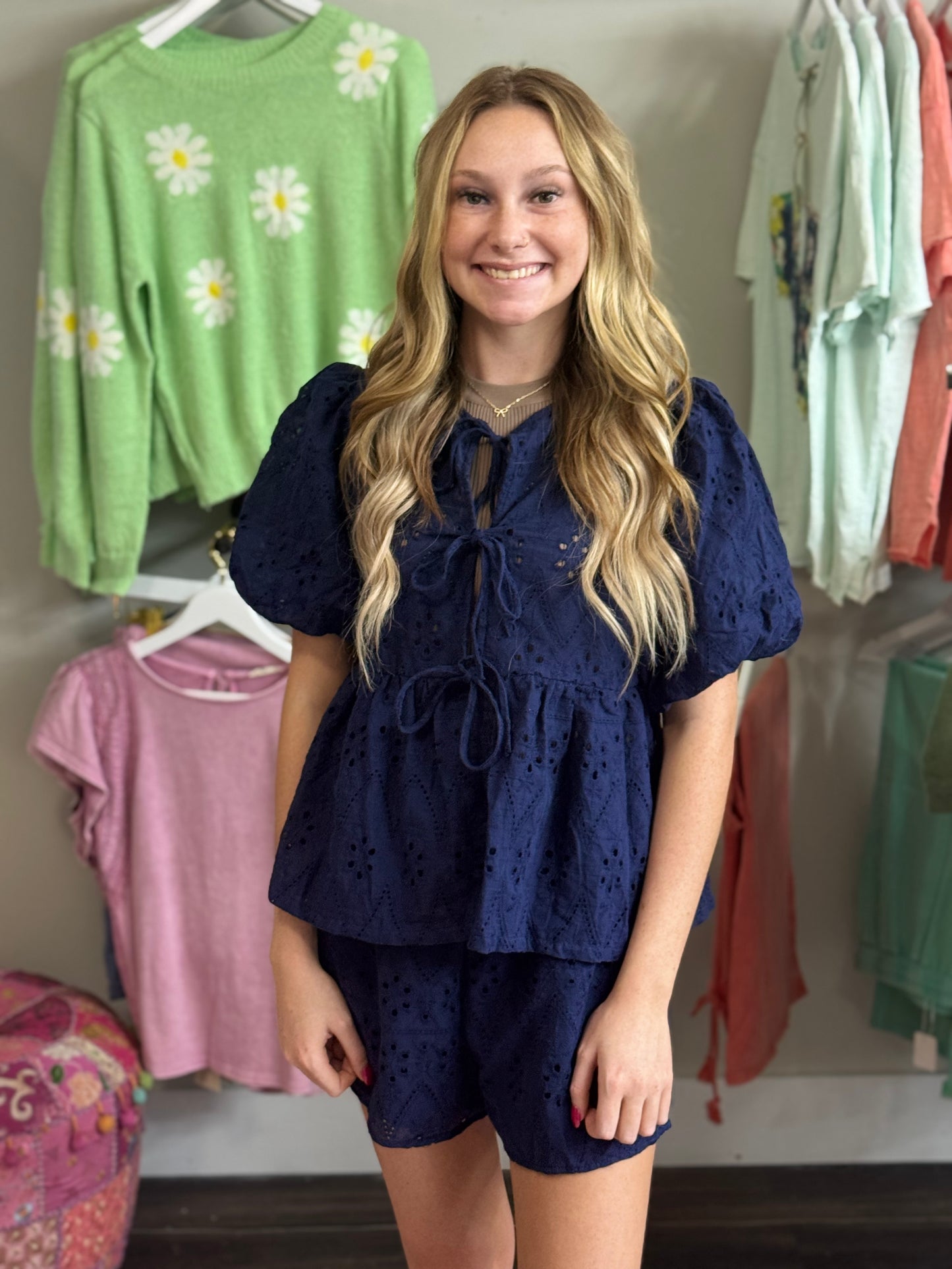 Navy 2-pc Short Set w/Waisted Elastic Shorts and Puff Sleeve Bow Front Eyelet Tie Top.