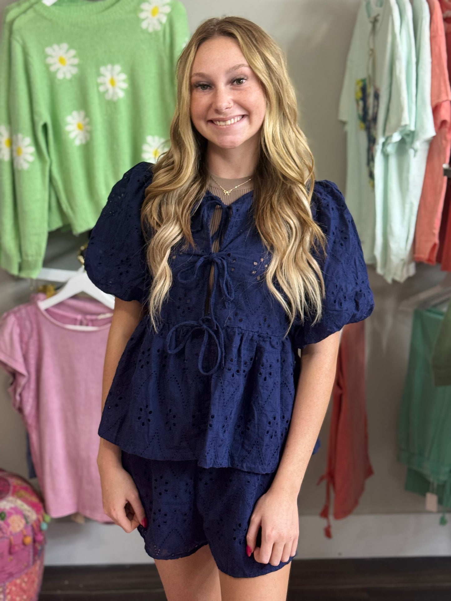 Navy 2-pc Short Set w/Waisted Elastic Shorts and Puff Sleeve Bow Front Eyelet Tie Top.
