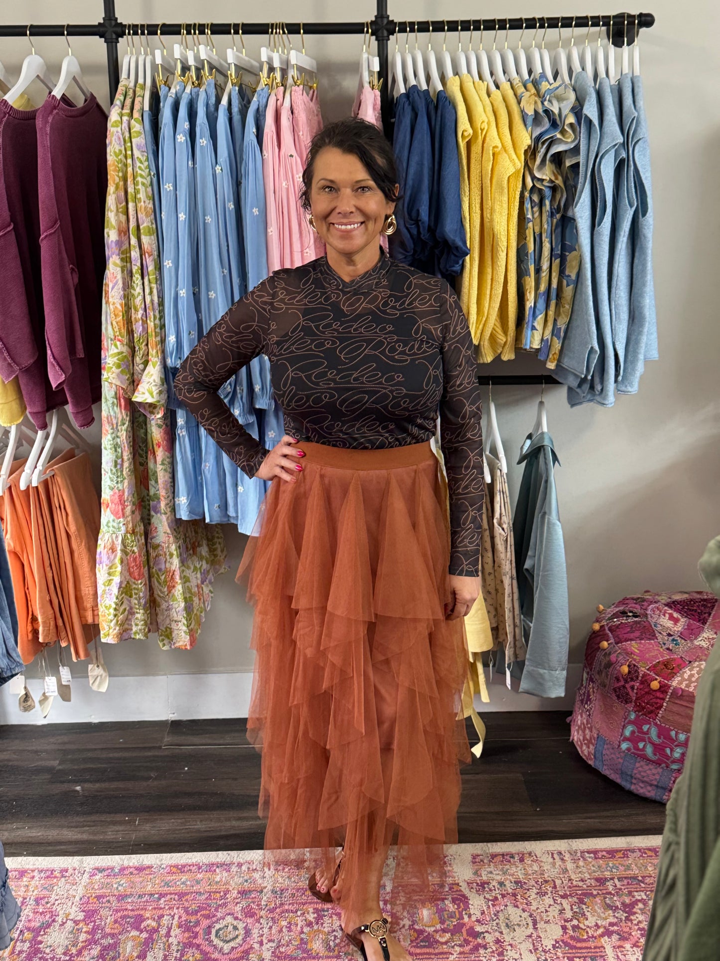Camel Allover Mesh Midi Skirt