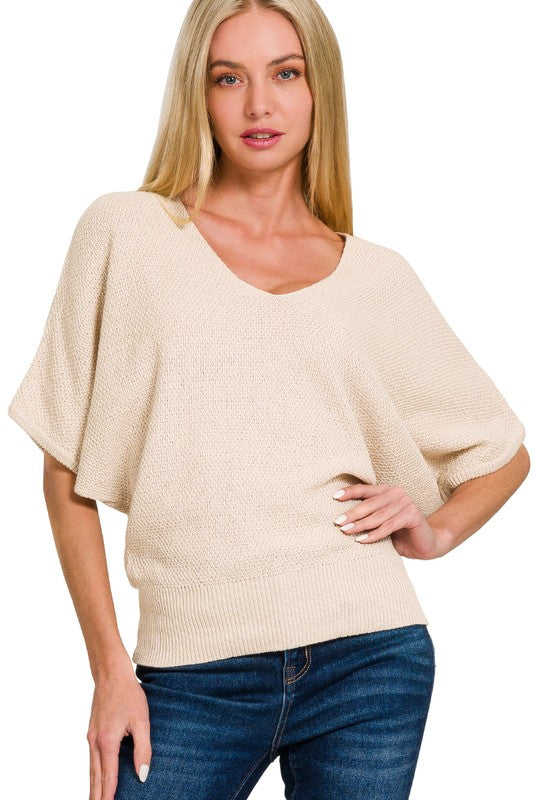 V-Neck Short Sleeve Dolman Sweater
