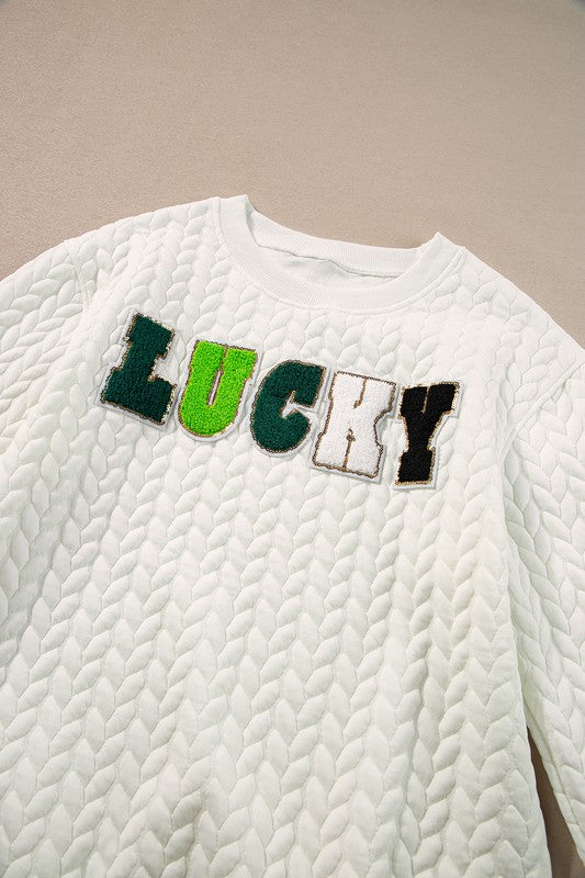 Lucky Embroidered Cable Knit Pullover Sweatshirt