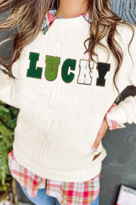 Lucky Embroidered Cable Knit Pullover Sweatshirt