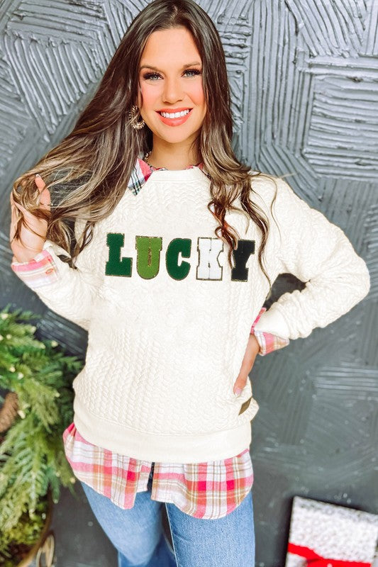 Lucky Embroidered Cable Knit Pullover Sweatshirt