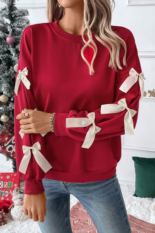 Bow Decor Dropped Sleeve Crewneck Sweatshirt