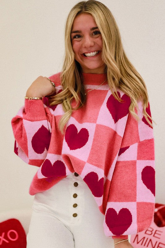 Love Heart Checkered Valentine Crew Neck Sweater