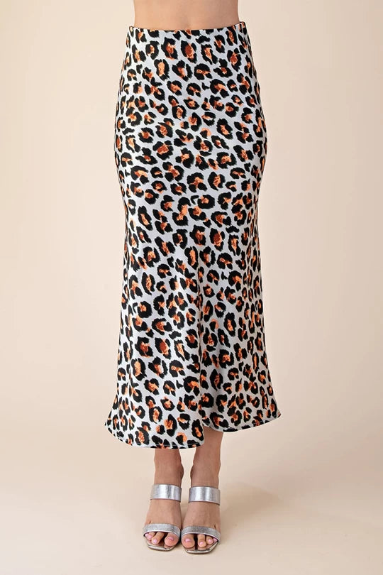 Blue Leopard Print High Waist Midi Skirt