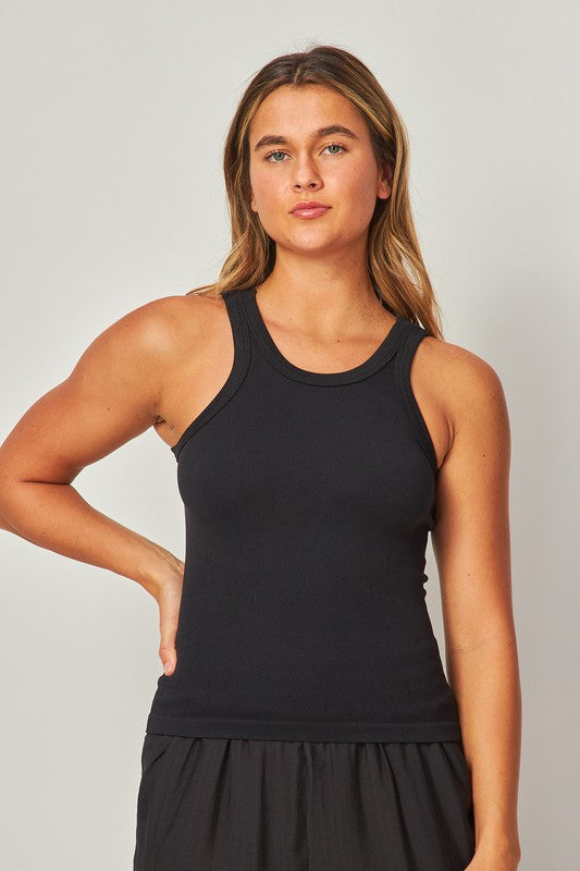 Ribbed Seamless High Neck Tank Top.