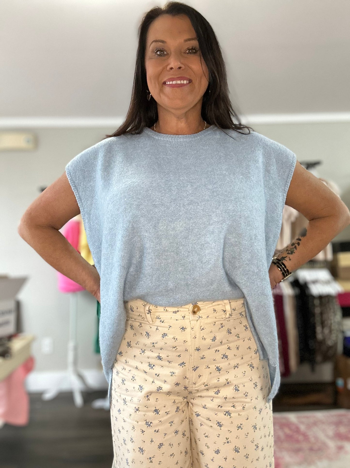 Blue Brushed Knit Sweater with Side Slits