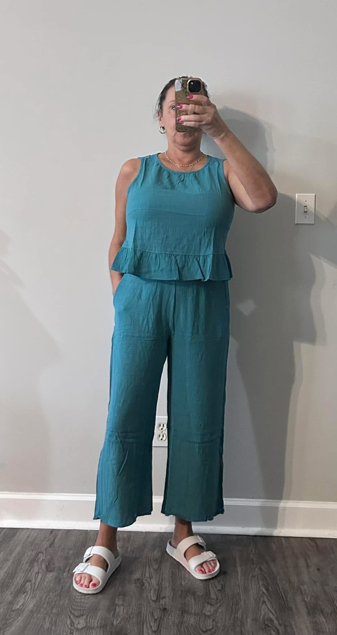 Linen Ruffle Tank Top and Pants Set