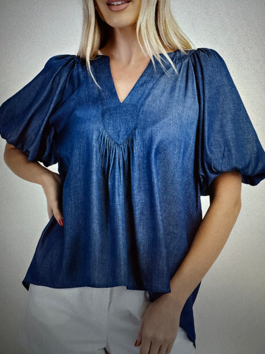 Indigo V-Neck Placket Balloon Sleeve Top