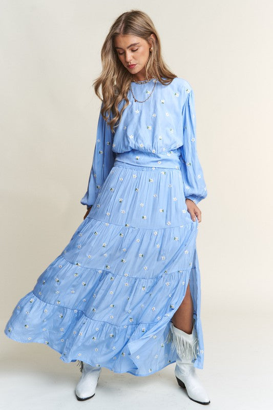 Flowy Floral Embroidered Maxie Skirt with Long Sleeve Crop Top.
