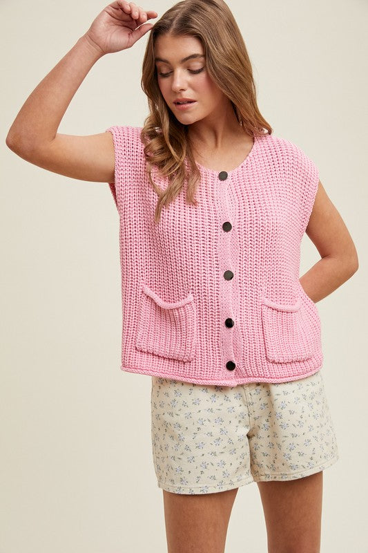 Petal Pink Dream Button-Up Sweater Knit Vest