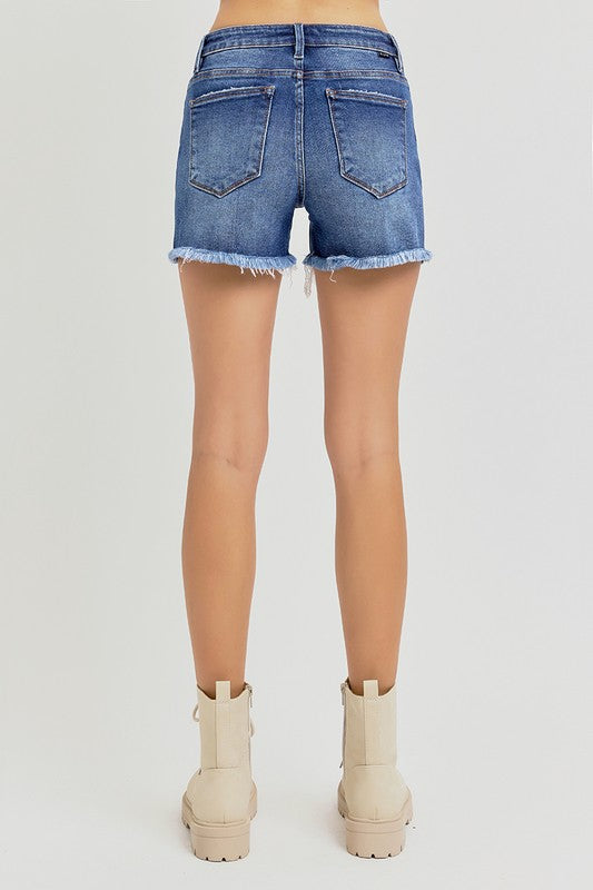 Risen Dark Washed Tummy Control Mid Rise Fray Hem Shorts