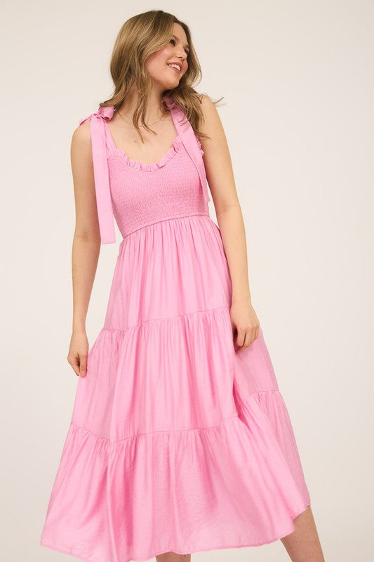Sweetheart Neck Tie Strap Smocked Tiered Maxi Dress