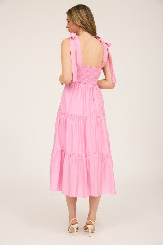 Sweetheart Neck Tie Strap Smocked Tiered Maxi Dress