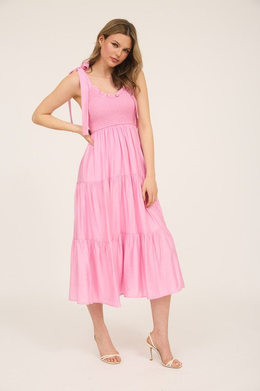 Sweetheart Neck Tie Strap Smocked Tiered Maxi Dress